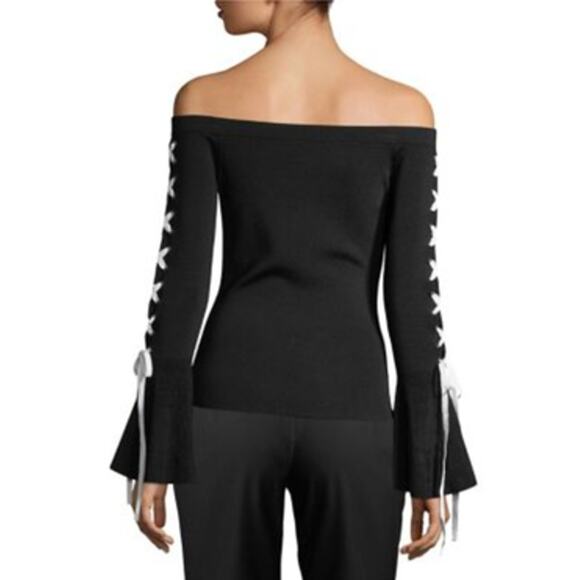 Scripted Off-The-Shoulder Contrast Lace-Up Bell Sleeve Sweater Size Small - Picture 9 of 9